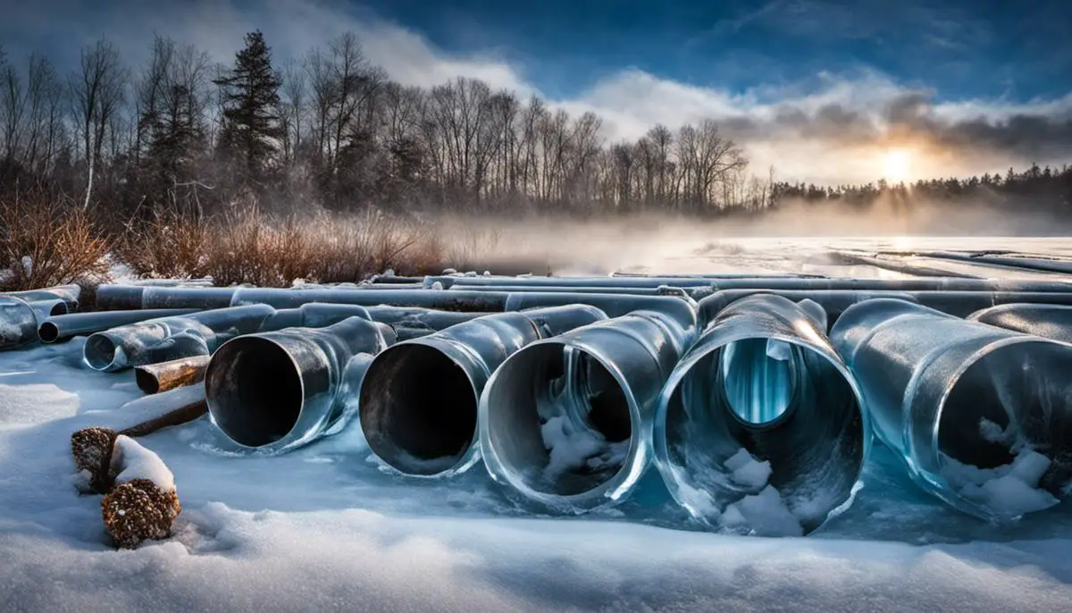 Image of frozen pipes surrounded by ice.