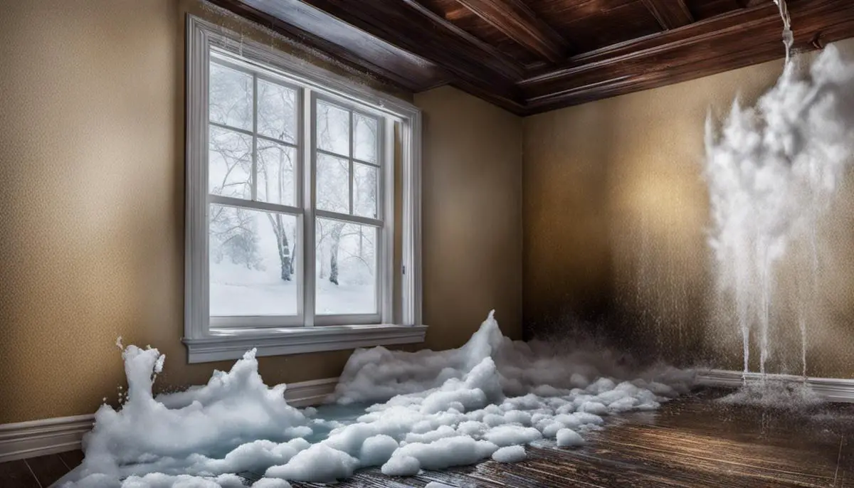 An image showing a frozen pipe that has burst, causing water damage to a room.