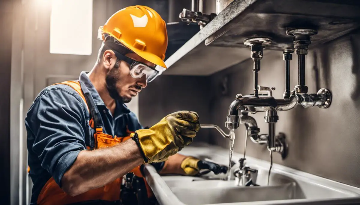 A person wearing protective gloves, goggles, and a hard hat while working on plumbing repairs.