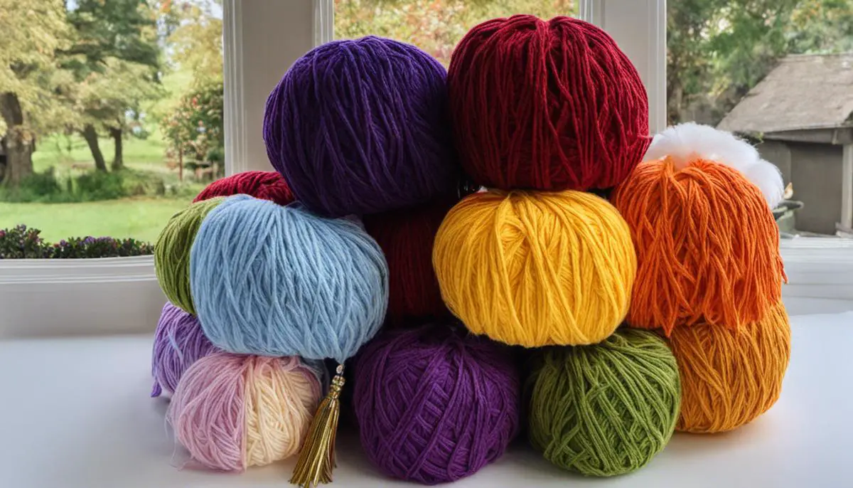 A finished toilet paper yarn hat with a pom pom and tassels, displayed on a table.