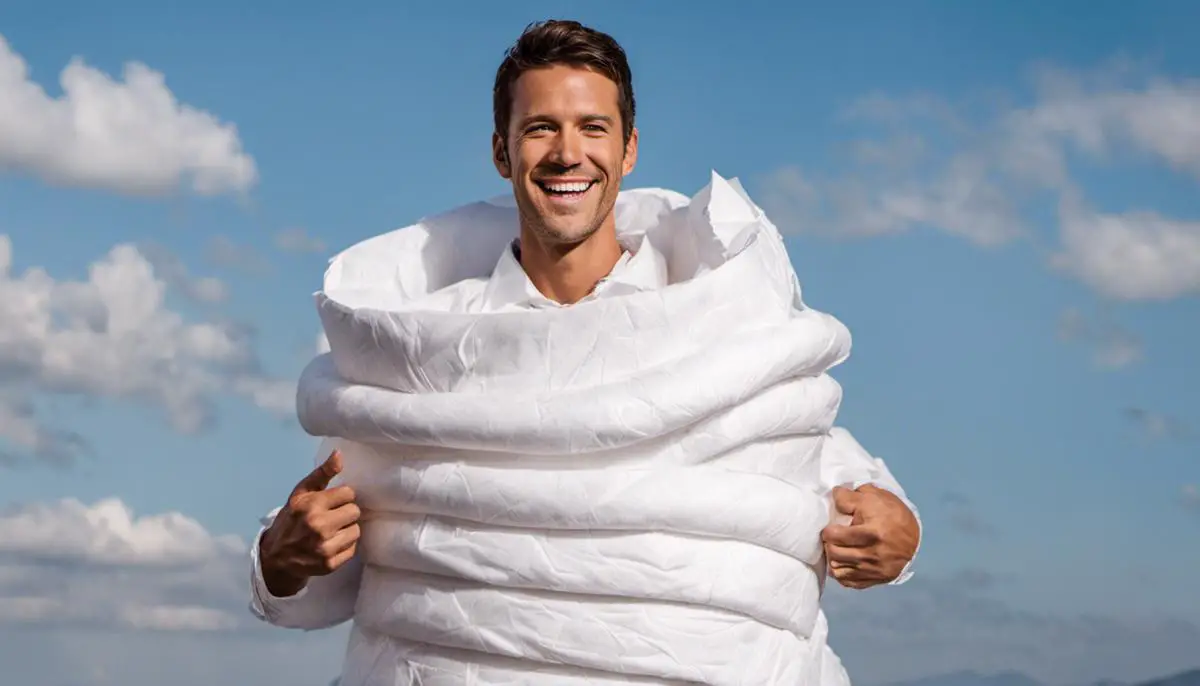 Image of a person wearing a toilet paper costume, with the costume covering the entirety of their body. They are smiling and posing for the camera.