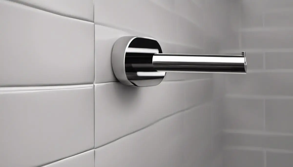 A stainless steel wall-mounted toilet paper holder in a modern bathroom