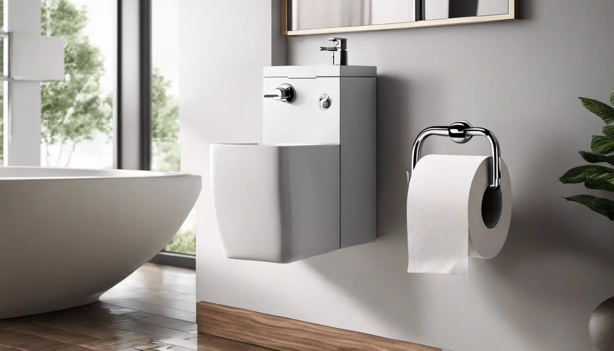 Illustration of an upright toilet paper holder in a modern bathroom setting