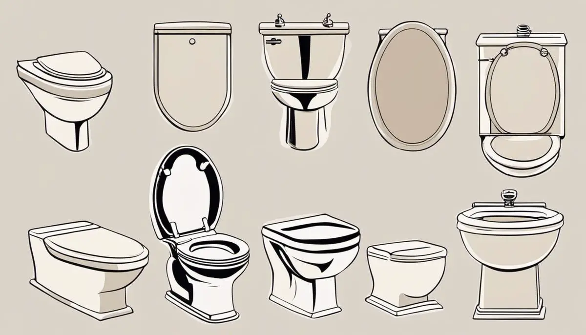 A diagram showing different toilet seat shapes and sizes, including round and elongated shapes, as well as regional variations such as square and rectangular seats.