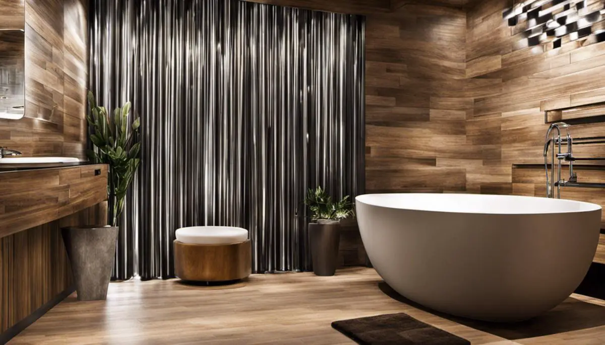 Various bathroom wall decor examples including ceramic tiles, vinyl wallpaper, glass and acrylic panels, stainless steel sheets, paint, and wood paneling.