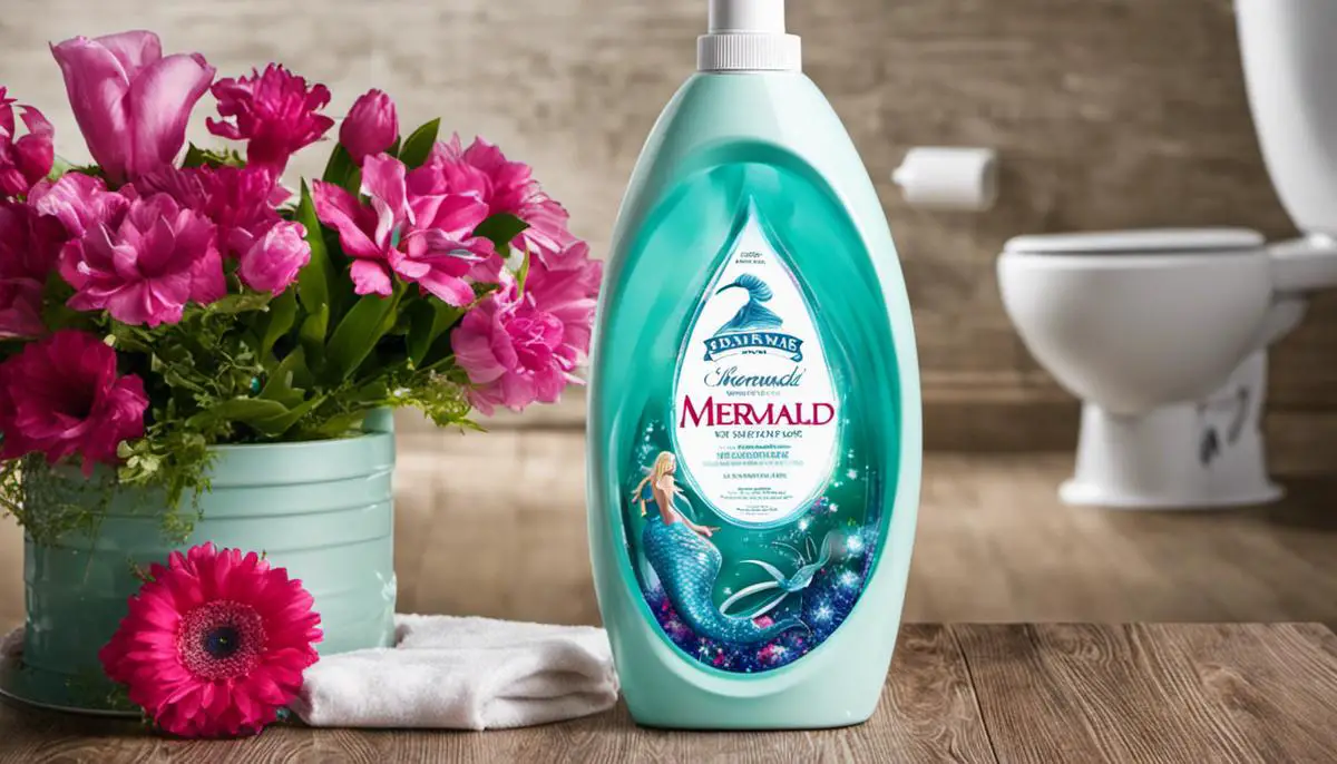 A bottle of Mermaid Toilet Cleaner with a sparkling toilet in the background, depicting its cleaning prowess.