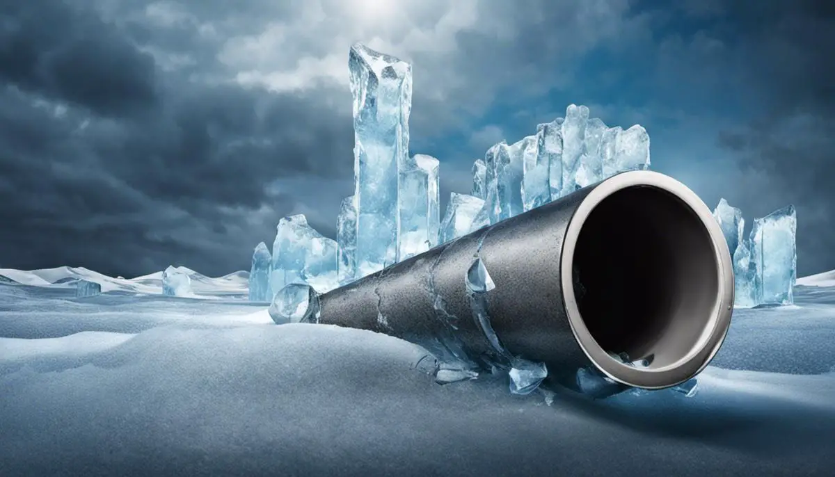 Illustration of a frozen toilet pipe with cracked ice, representing the potential consequences of freezing toilet pipes.