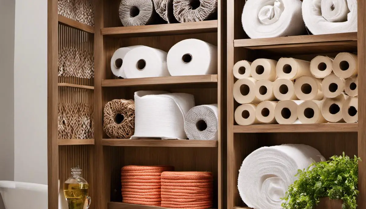 Toilet paper storage options displayed on a shelf