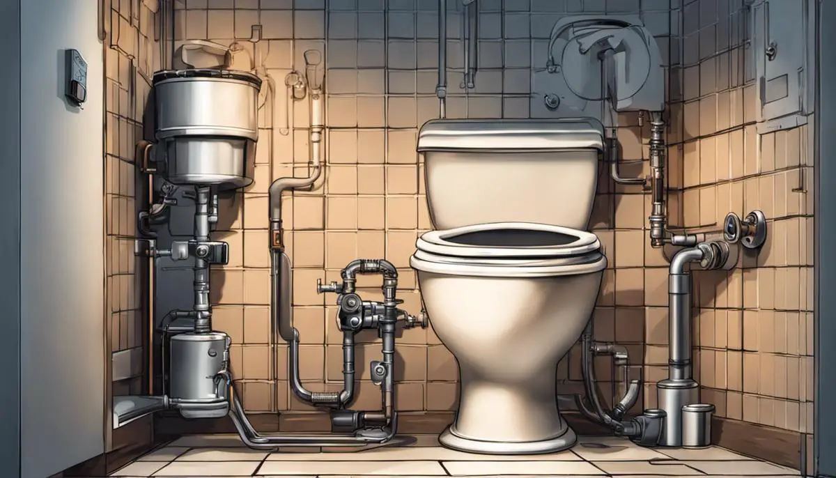 macerator toilet with pipes and a wrench, representing troubleshooting and maintenance for macerator toilet problems.