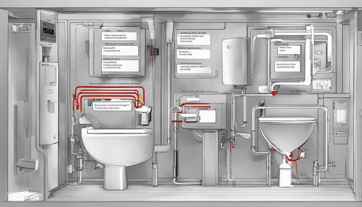 Illustration of a macerator toilet with labels indicating potential issues