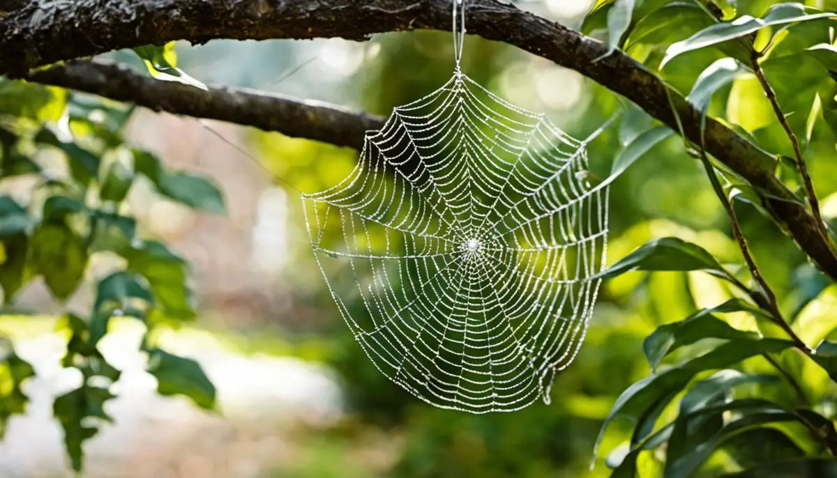 Spider web decorations hanging on a tree branch in a garden setting