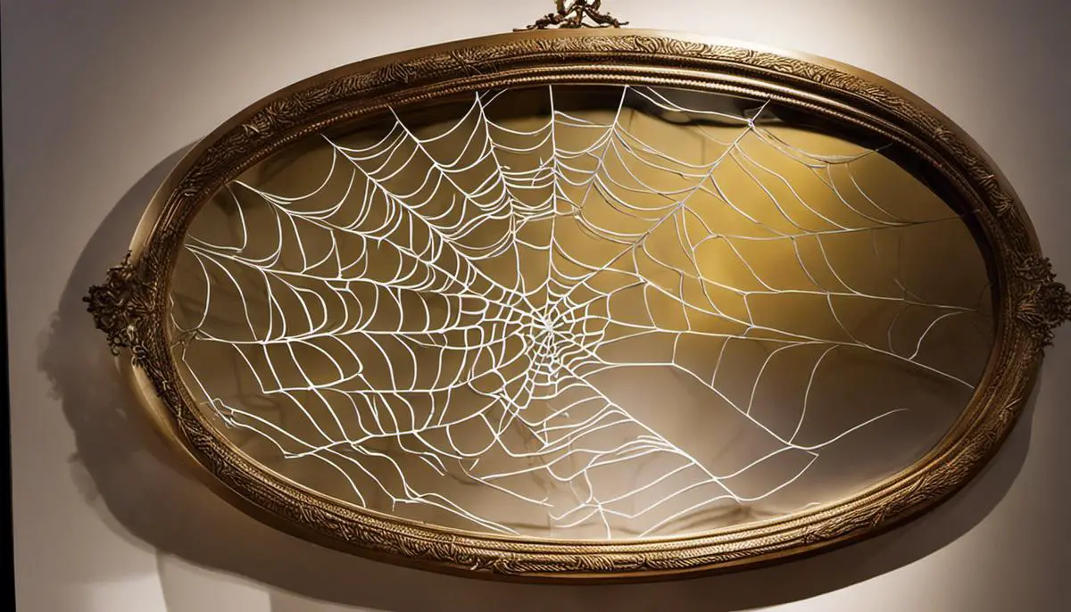 An image featuring a delicate spider web art piece displayed in a shadowbox frame, with light strategically shining through to create a mesmerizing shadow and depth effect.