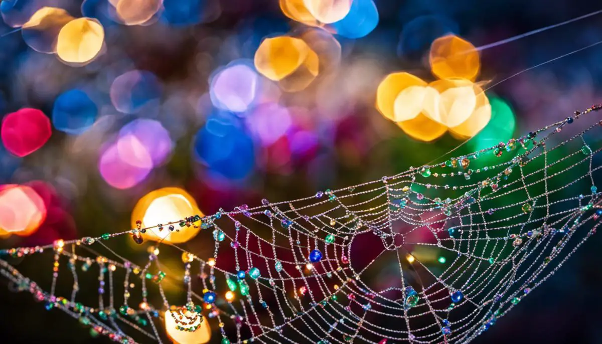 A close-up image of a spider web decoration adorned with colorful beads and glitters to reflect light beautifully.