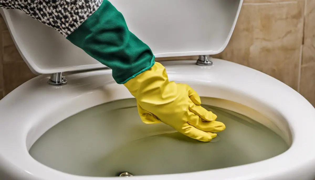 A person wearing gloves and cleaning a toilet