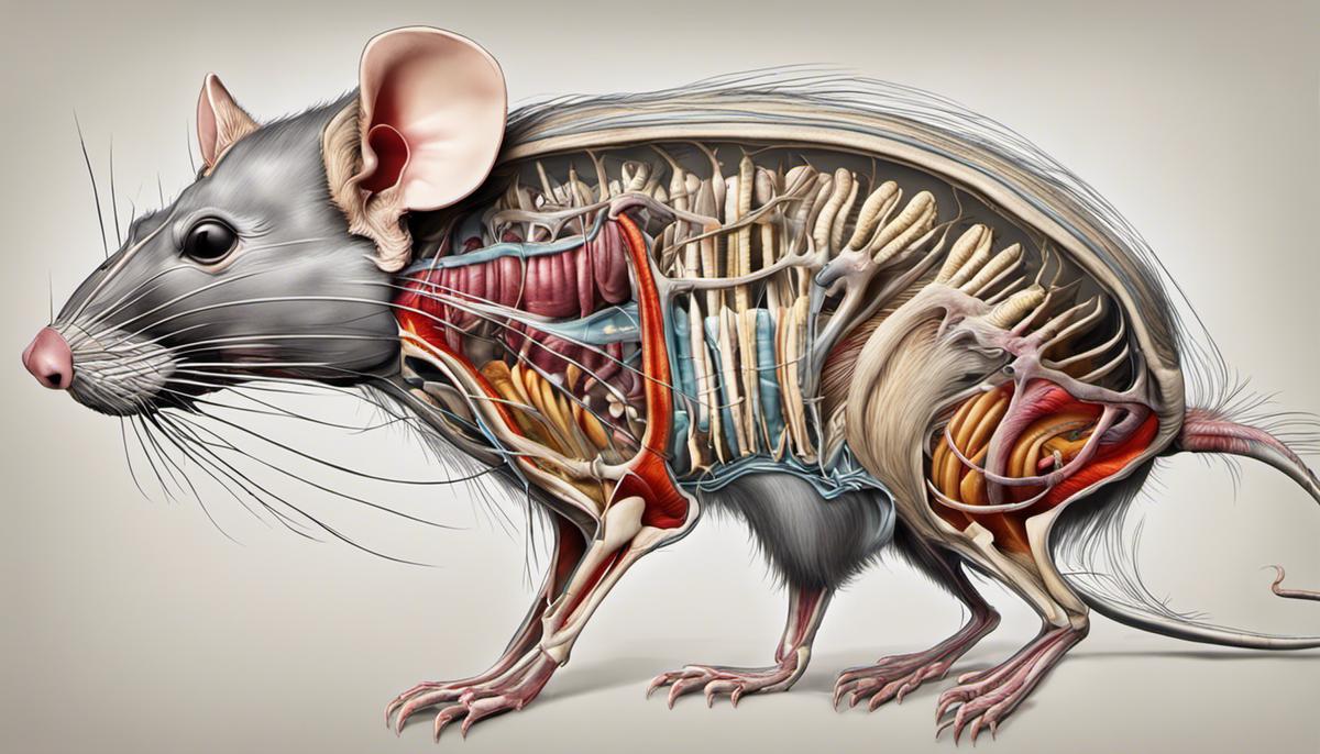 An image of a rat's anatomy, illustrating its skeletal structure, muscles, and teeth.