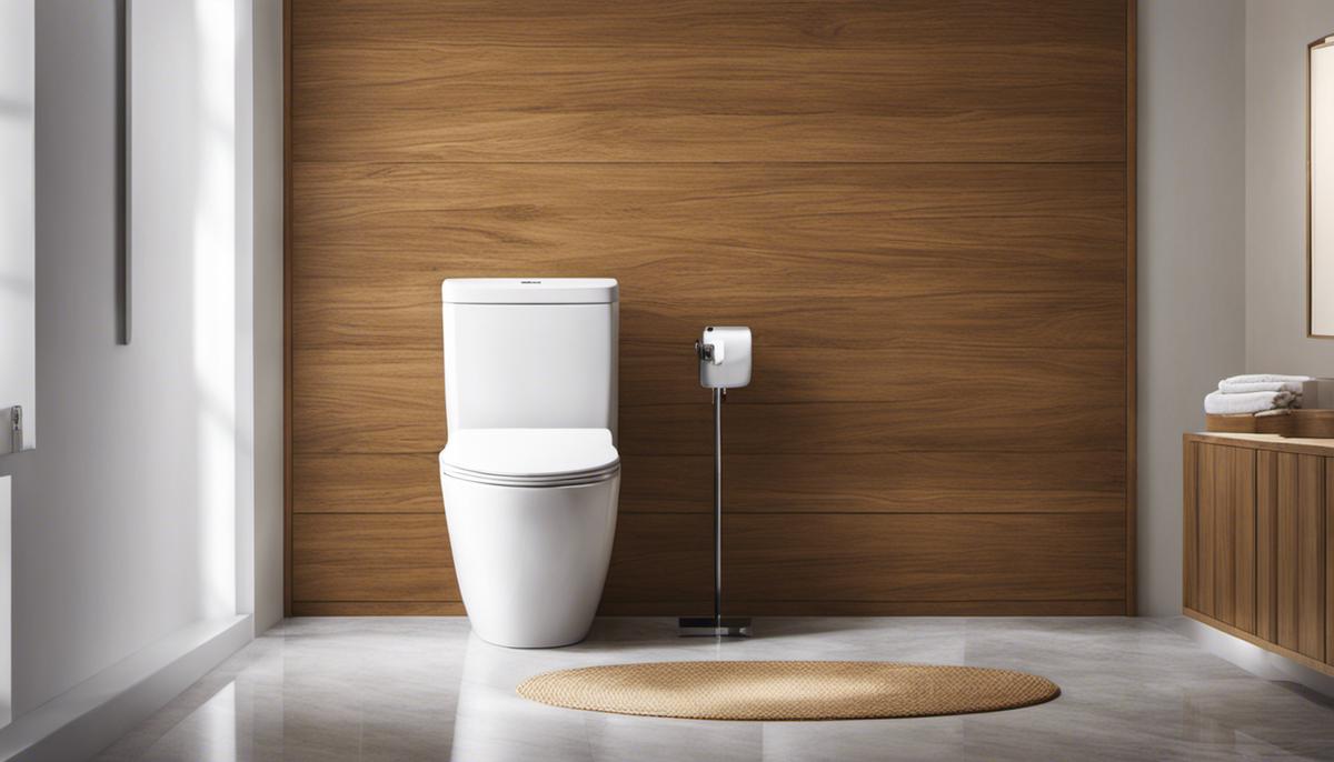 An image of an oak elongated toilet seat against a bathroom background.