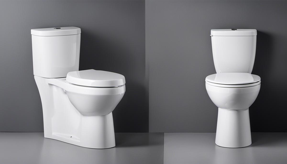 Comparison of a round and an elongated toilet bowl, showcasing their design differences.